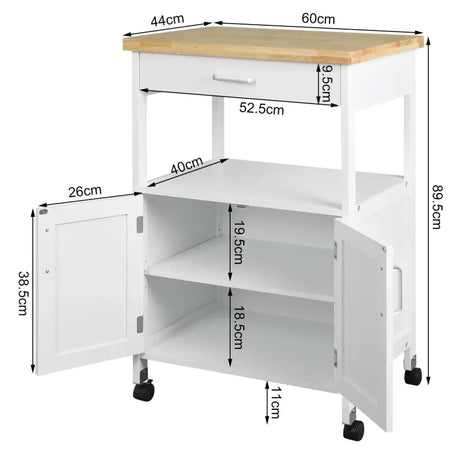 BukkitBow compacte keukentrolley met rubberhouten werkblad en opbergruimte, afmetingen 60x90x44,5 cm, als boekenkast.