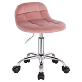 BukkitBow compacte lage bureaustoel van velvet met metalen onderstel, wielen en hoogteverstelling, in donkerblauw.