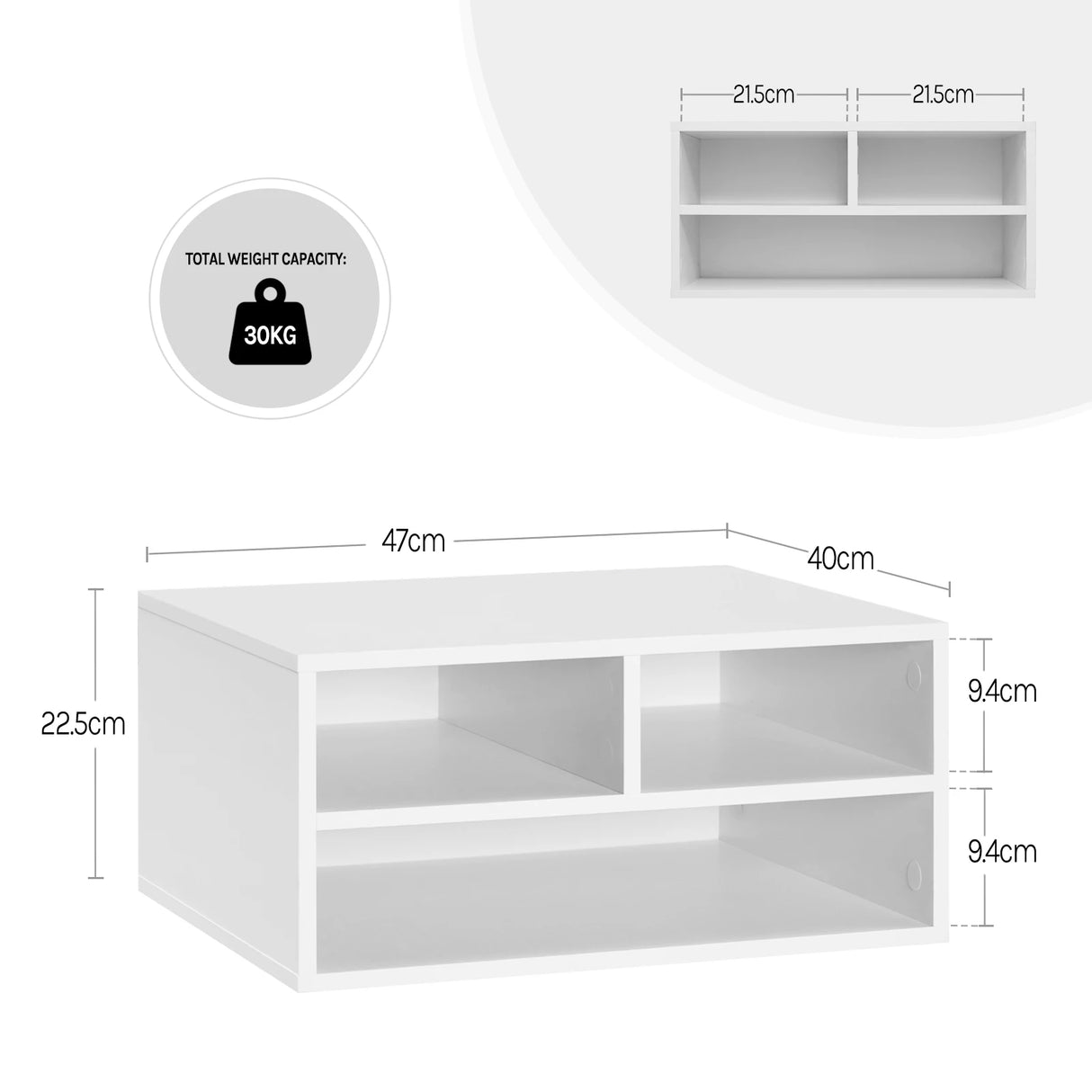 BukkitBow compacte printerverhoger met 3 opbergvakken, modern design, voor bureau of werkplek, geschikt voor printerstandaard.
