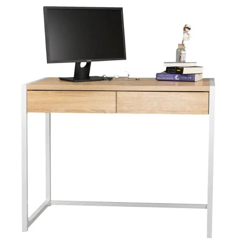 BukkitBow computertafel bureau met metalen frame en twee lades, afmetingen 100x50x76 cm, zwart metalen en houten blad