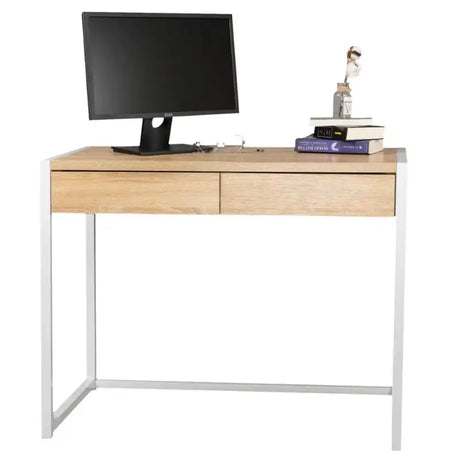 BukkitBow computertafel bureau met metalen frame en twee lades, afmetingen 100x50x76 cm, zwart metalen en houten blad