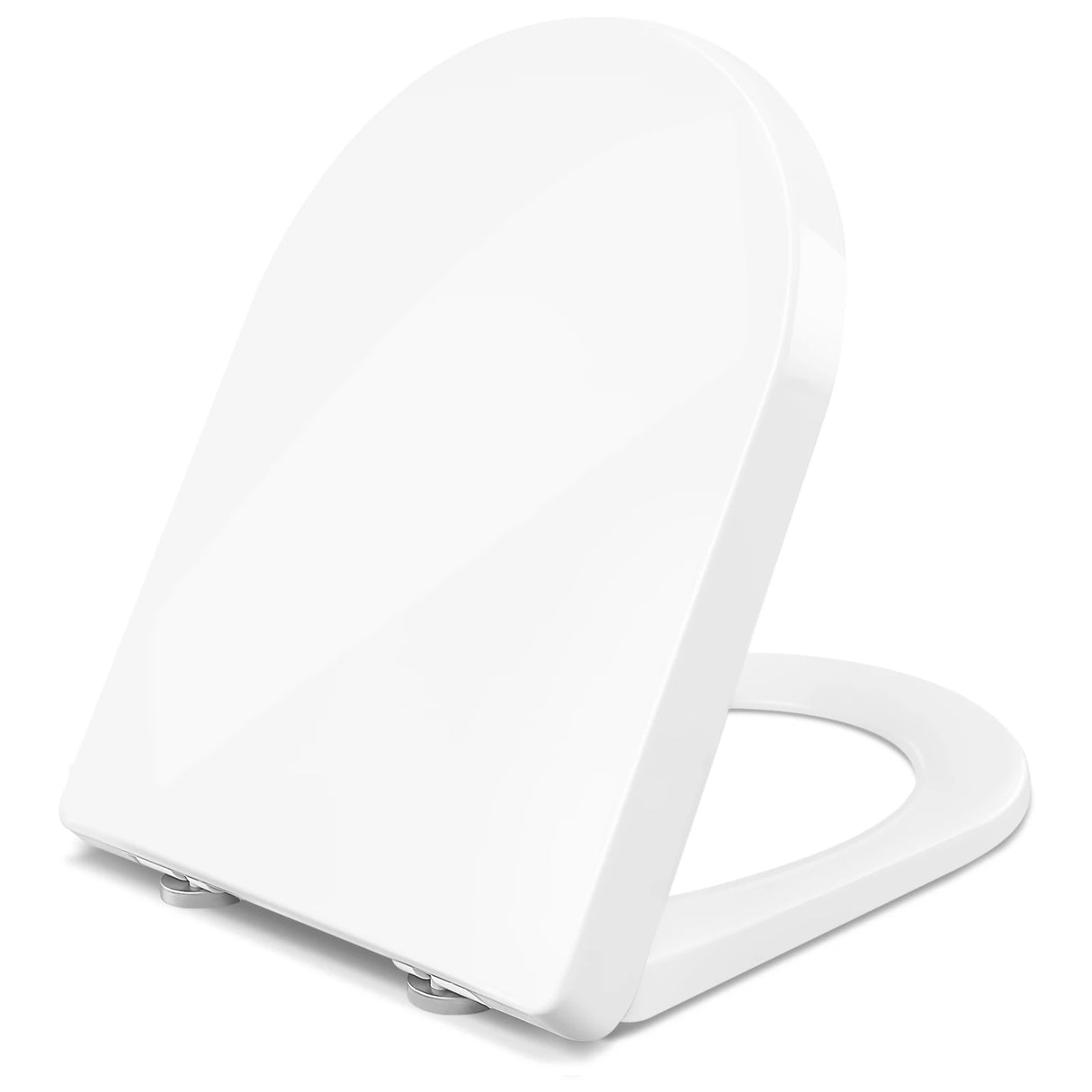 D-vormige kunststof toiletbril van BukkitBow met soft-close en quick-release functie, zichtbaar op de afbeelding.