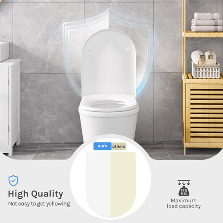 Toiletbril van kunststof in D-vorm van BukkitBow met soft-close en quick-release voor gemakkelijke reiniging.