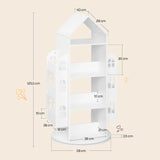 Draaibare kinderboekenkast BukkitBow met 4 niveaus en 360 graden ontwerp, zichtbaar met kleurrijke boeken en speelgoed.