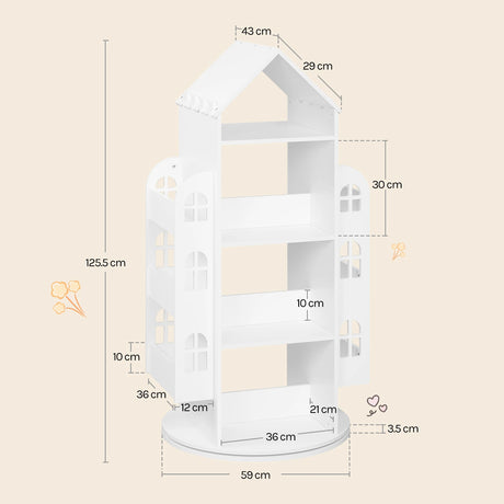 Draaibare kinderboekenkast BukkitBow met 4 niveaus en 360 graden ontwerp, zichtbaar met kleurrijke boeken en speelgoed.