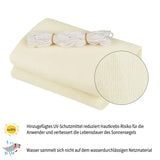 BukkitBow driehoekig schaduwdoek van 180g/m² HDPE met UV-bescherming 50+, RVS gespen, bevestigingskoorden, water- en luchtdoorlatend.