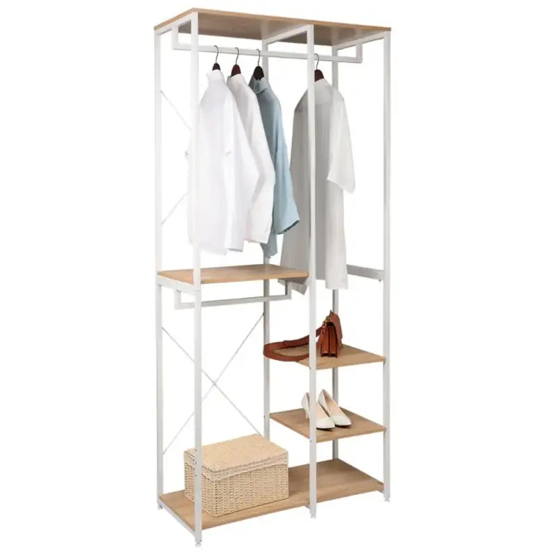 BukkitBow dubbel kledingrek met wit staal, eikenhouten details, drie kledinghangers en planken, afmetingen 90x40x204,5 cm.