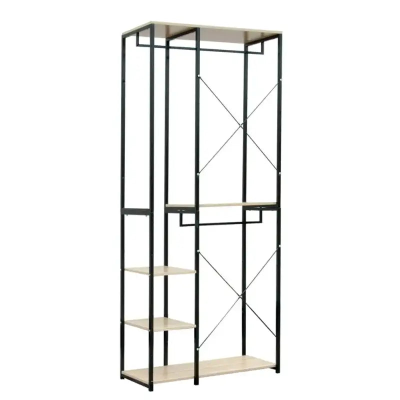 BukkitBow dubbel kledingrek met wit staal, eikenhouten afwerking, 3 kledinghangers en 3 planken, afmetingen 90x40x204,5 cm.