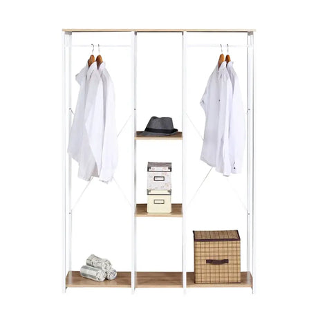 BukkitBow dubbele kledingrek met hangers, twee planken en schoenenopbergruimte, 40x120x167cm, modern staaldesign.