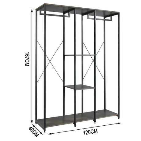 BukkitBow dubbele kledingrek met hangers, twee planken en schoenenopbergruimte, afmeting 40x120x167 cm, modern design.