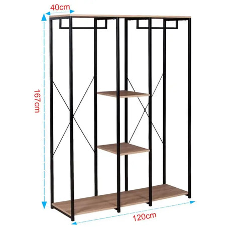 BukkitBow dubbele kledingrek met hangers, twee planken en schoenenopbergruimte, afmetingen 40x120x167 cm, zwart metalen frame.