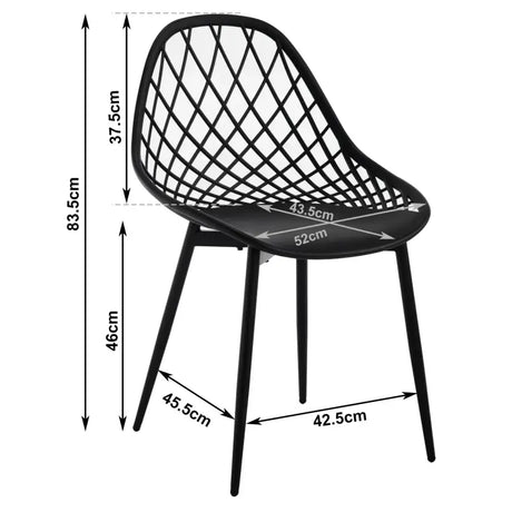 Set van 4 BukkitBow eetkamerstoelen met holle rugleuning, Scandinavisch design, metalen poten en comfortabele zit.