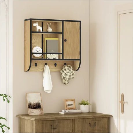 BukkitBow eiken badkamermeubel met verstelbare planken en wandkast, industrieel ontwerp, afmetingen 58x52x15 cm, maximaal 7 kg per lade.
