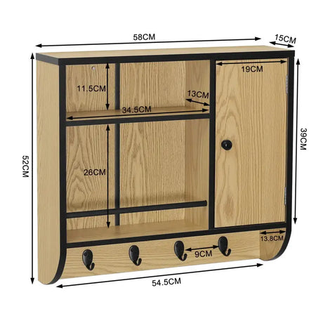 BukkitBow eiken badkamermeubel met wandkast, verstelbare planken en industrieel ontwerp, afmetingen 58x52x15 cm.