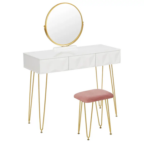 BukkitBow elegante kaptafel set met metalen frame, MDF hout, glas, draaibare spiegel en kruk, afmeting 100x40x79cm