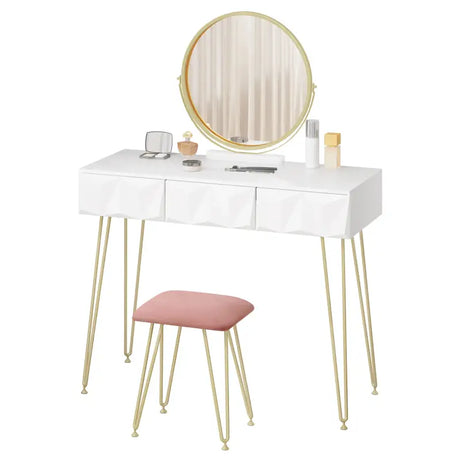 BukkitBow elegante kaptafel set met metalen frame, MDF hout, glazen blad, draaibare spiegel en kruk, afmeting 100x40x79cm