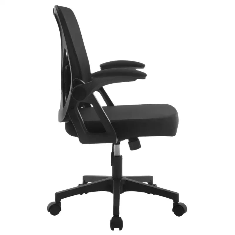 BukkitBow ergonomische bureaustoel met ademende rugleuning, wegklapbare armleuningen en verstelbare hoogte, zwart ontwerp.