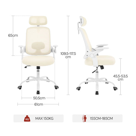 BukkitBow ergonomische bureaustoel met mesh zitting en lendensteun, verstelbare armleuningen en zwart frame.