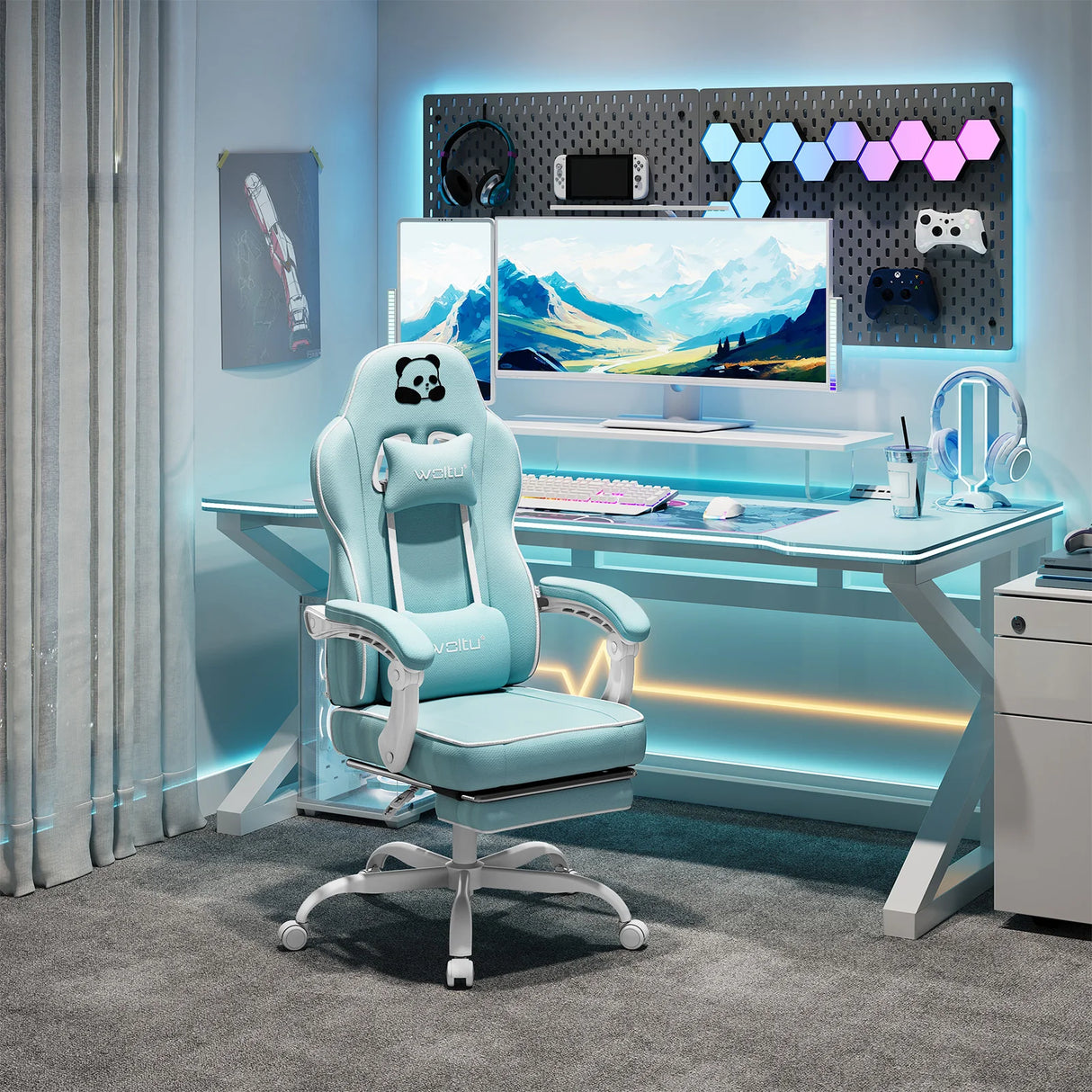 BukkitBow ergonomische gamestoel met brede zitting en voetsteun, geschikt voor lange speelsessies, zwart met comfortabele bekleding