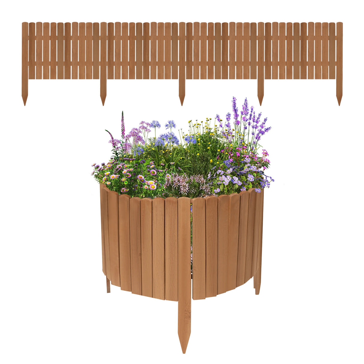 Flexibele houten gazonrand van FSC-dennenhout, 203cm lang, door BukkitBow voor nette tuinomheining.