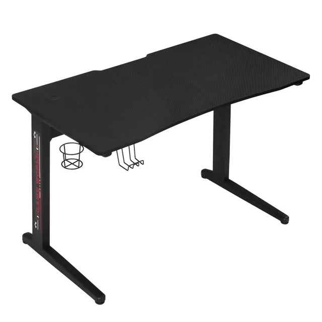 BukkitBow ergonomisch gaming bureau met bekerhouder en koptelefoonhaak, afmeting 115x60 cm, zwart en modern ontwerp