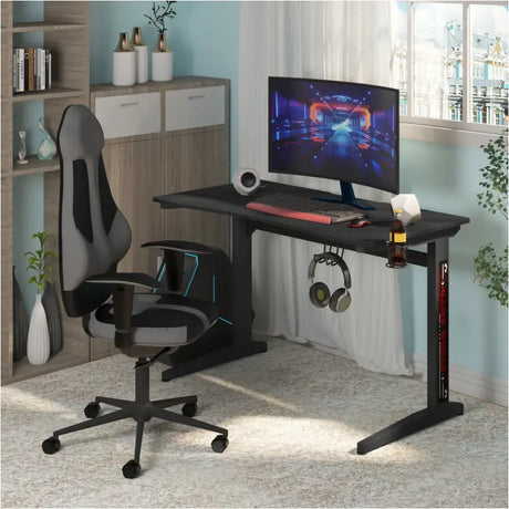 BukkitBow gaming bureau 115x60cm met bekerhouder en koptelefoonhaak, ergonomisch ontwerp, zwart en modern uiterlijk