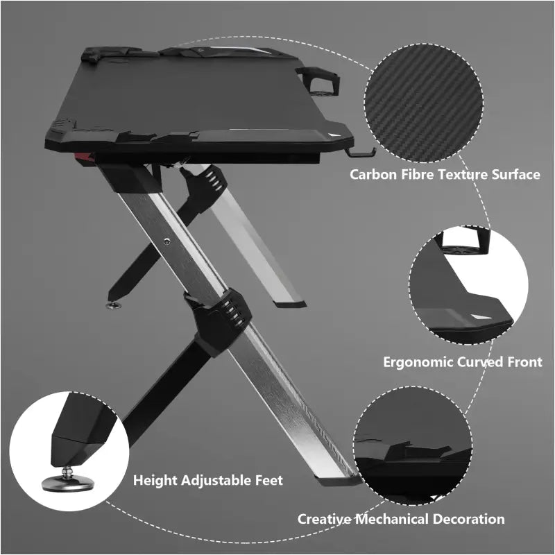 BukkitBow gaming bureau met bekerhouder, headset stand en RGB-verlichting, afmetingen 116,5x56,5x73 cm, zwart metalen bureau voor gamers