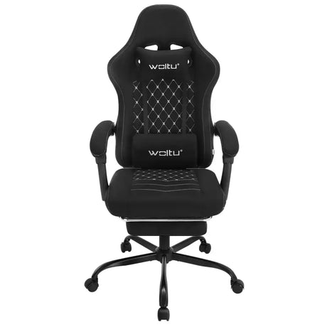 BukkitBow gamestoel met massagekussen, voetsteun, verstelbare rugleuning, metalen frame, technologische stof, PU-wielen en hoogteverstelling.