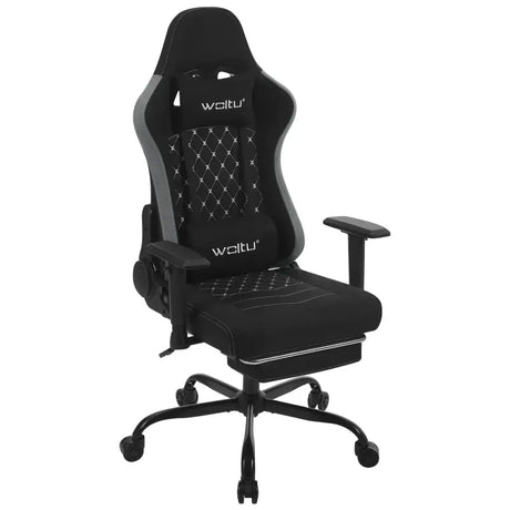 BukkitBow gamestoel met massagekussen, metalen frame, technische stof, PU-wielen en verstelbare hoogte, kantelbaar van 90° tot 155°.