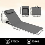 Gevoerde BukkitBow strandmat met verstelbare rugleuning en hoofdkussen, ideaal voor comfortabel ontspannen op het strand.