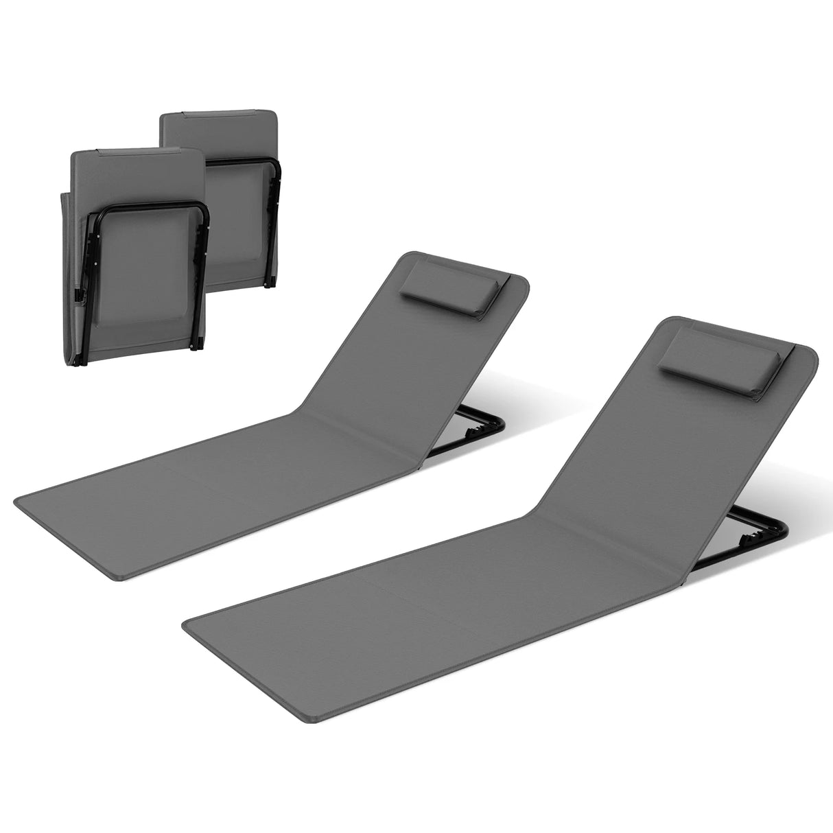 Gevoerde BukkitBow strandmat met verstelbare rugleuning en hoofdkussen, ideaal voor comfortabel relaxen op het strand.