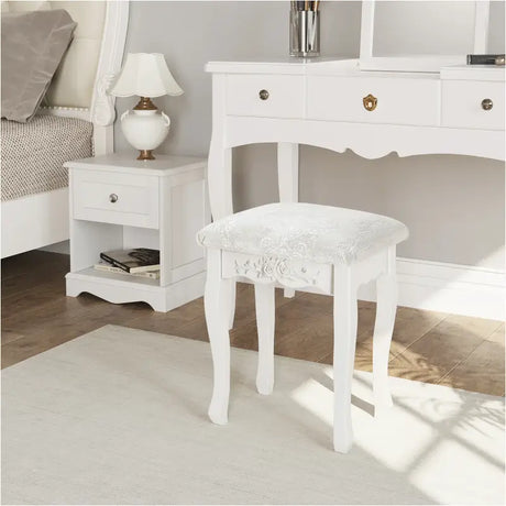 Witte BukkitBow gewatteerde vintage kruk met patroon, geschikt als piano- of make-upkruk, 40x30x50cm.