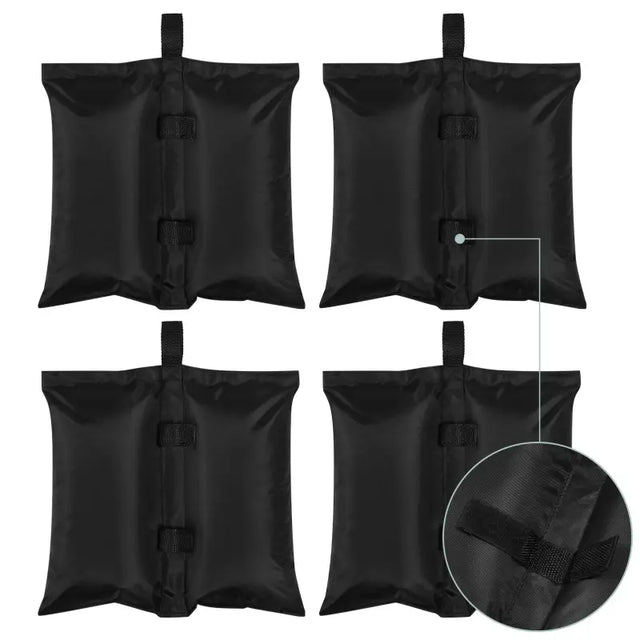 Set van 4 zwarte zandzakken van 37x34 cm voor partytent, parasol en tuinmeubilair van BukkitBow, stevig en geschikt voor stabiliteit.