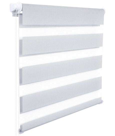 Grijs duo-rolgordijn van BukkitBow met zebra-stijl, zonder boren, geschikt voor moderne raamdecoratie.