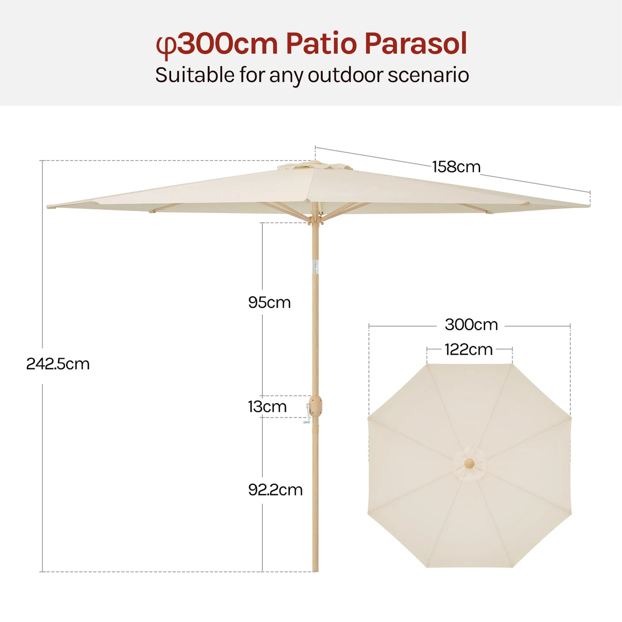 BukkitBow grote ronde parasol met kantelfunctie en slinger, 300cm diameter, in lichte kleuren op een terras.