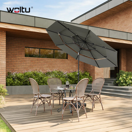 Grote ronde BukkitBow parasol met slinger en kantelfunctie, diameter 292cm, biedt schaduw en bescherming in de tuin.