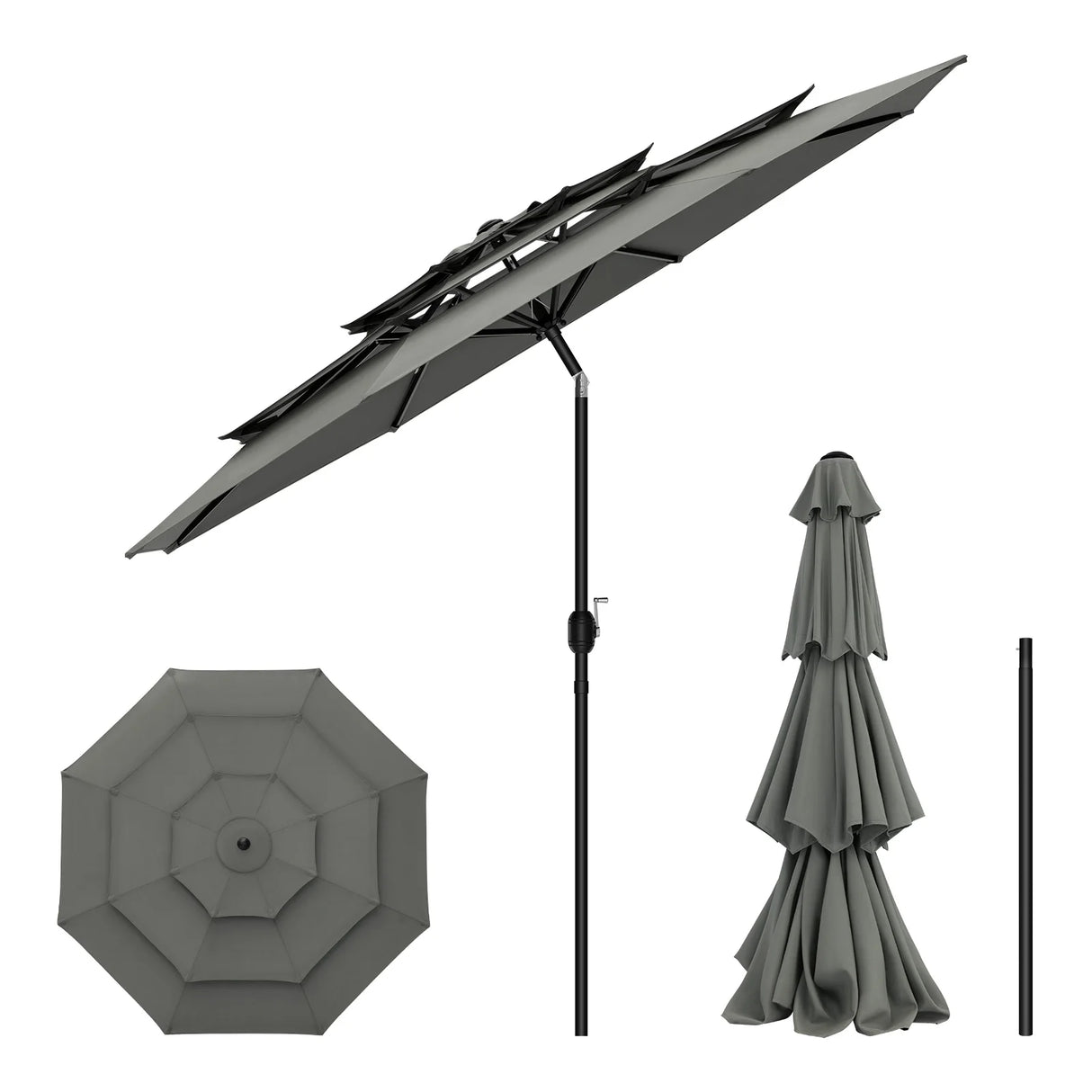 Grote ronde BukkitBow parasol van 292cm met slinger en kantelfunctie, geschikt voor buiten, met kleurrijke design en stevige constructie.