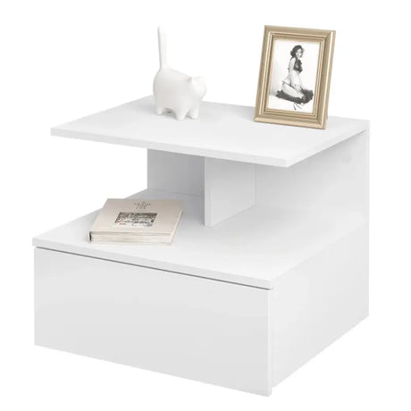 BukkitBow hangend nachtkastje met lade en open plank, wandplank in zwart hout, afmetingen 40x35x31cm, modern meubelstuk