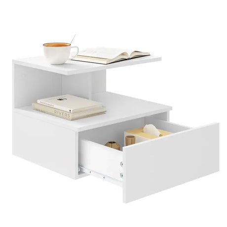 BukkitBow hangend nachtkastje en wandplank met lade en open plank, 40x35x31cm, moderne slaapkamer opbergruimte