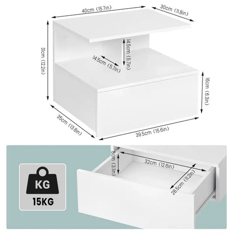 BukkitBow hangend nachtkastje met lade en open plank, wandplank van 40x35x31 cm, modern en functioneel meubelstuk