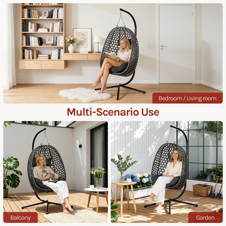 BukkitBow hangstoel met standaard, rotan en metalen frame, comfortabel Hagend Ei design voor binnen en buiten gebruik