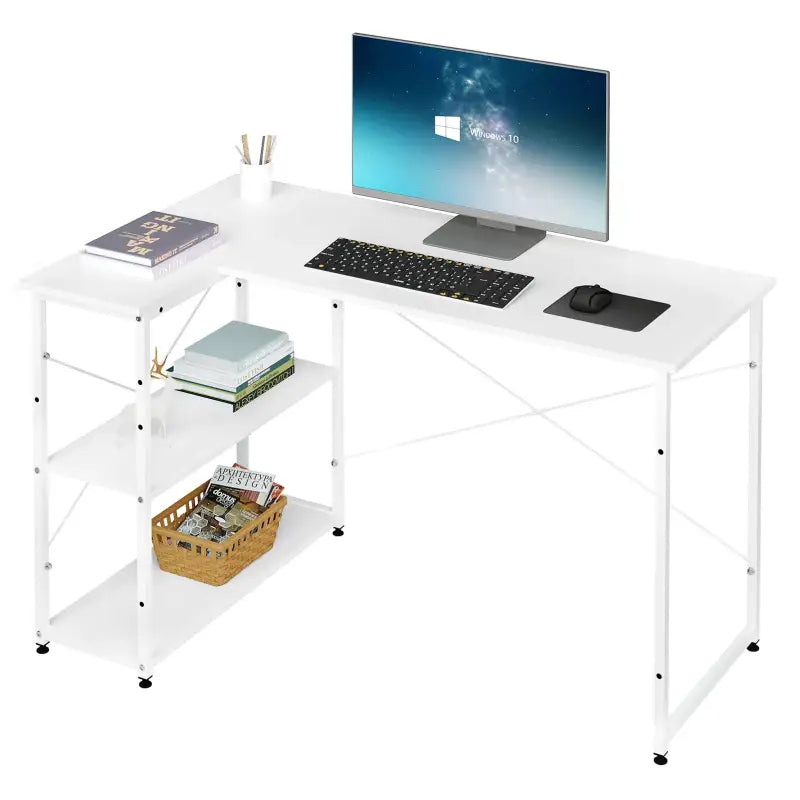 BukkitBow hoekbureau voor computer en kantoor, met opbergruimte en metalen frame, 120x72cm, geschikt voor thuiskantoor of werkplek