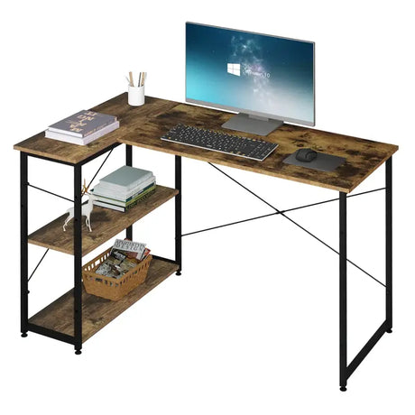 BukkitBow hoekbureau voor computer en kantoor, met opbergruimte en metalen frame, afmetingen 120x72 cm.