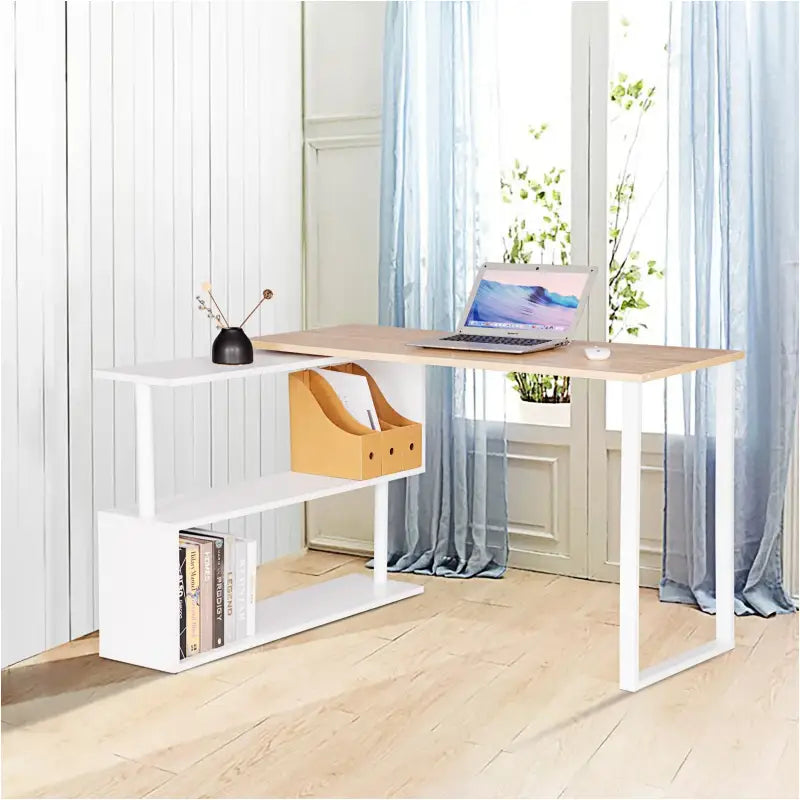 BukkitBow hoekbureau van hout met dubbele planken, draaibaar op 180 graden, ideaal voor thuistudie en opbergruimte.