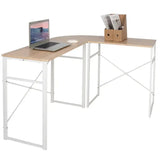 BukkitBow hoekbureau met ronde bocht, stevig hout en wit stalen frame, afmetingen 83x40cm en 63x40cm, geschikt voor kantoor.