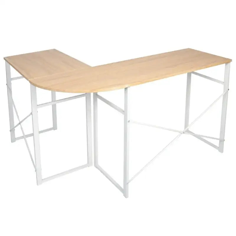 BukkitBow hoekbureau met ronde bocht, stevig hout en wit stalen frame, afmetingen 83x40cm en 63x40cm, modern en functioneel.