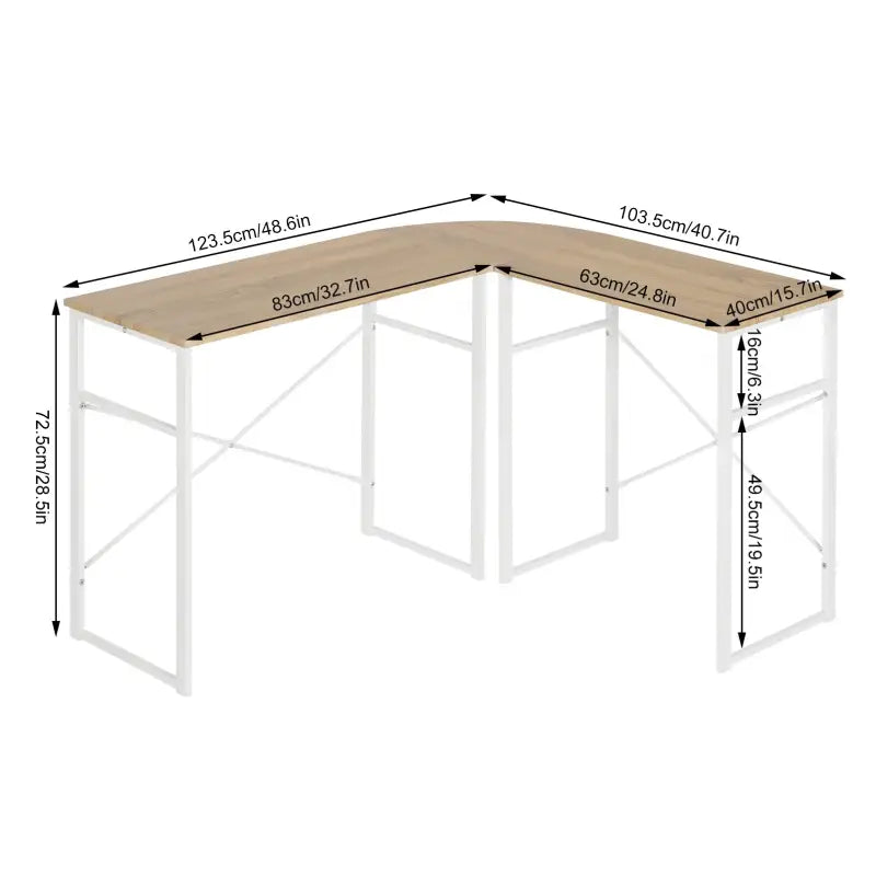 BukkitBow hoekbureau met ronde bocht, stevig hout en wit stalen frame, afmetingen 83x40cm en 63x40cm voor thuis of kantoor