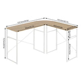 BukkitBow hoekbureau met ronde bocht, stevig hout en wit stalen frame, afmetingen 83x40cm en 63x40cm voor thuis of kantoor