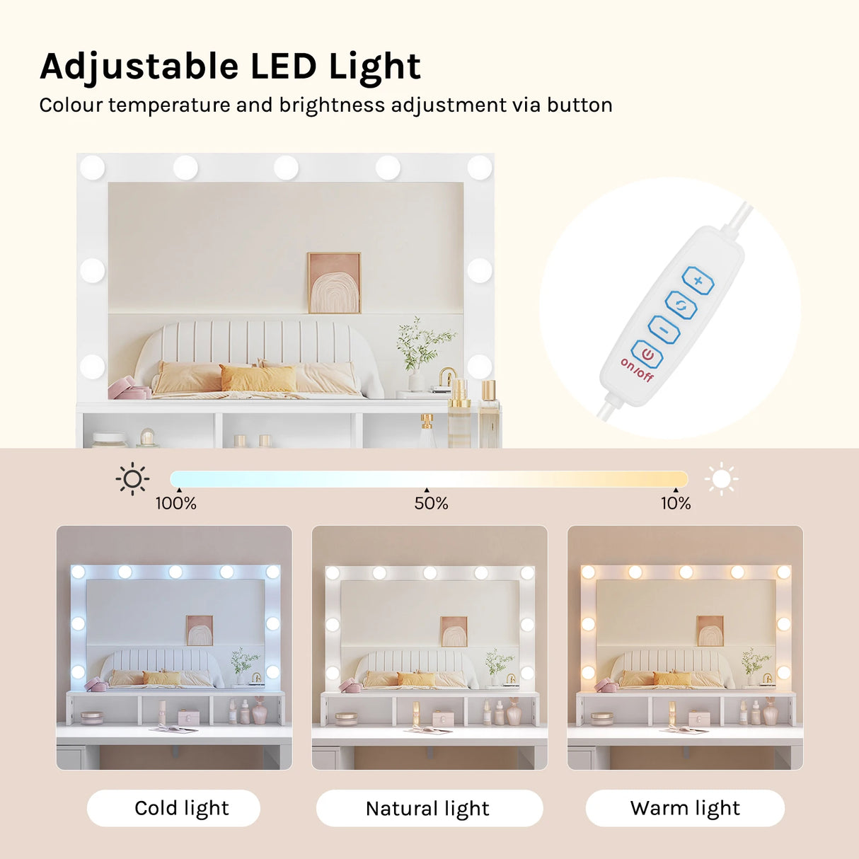 BukkitBow hoekkaptafel met 6 laden en LED-spiegel, flexibele opstelling, houten afwerking en modern design