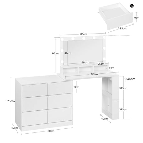 BukkitBow hoekkaptafel met 6 laden, LED-spiegel en flexibele opstelling, ideaal als stijlvolle kaptafel voor make-up en styling.
